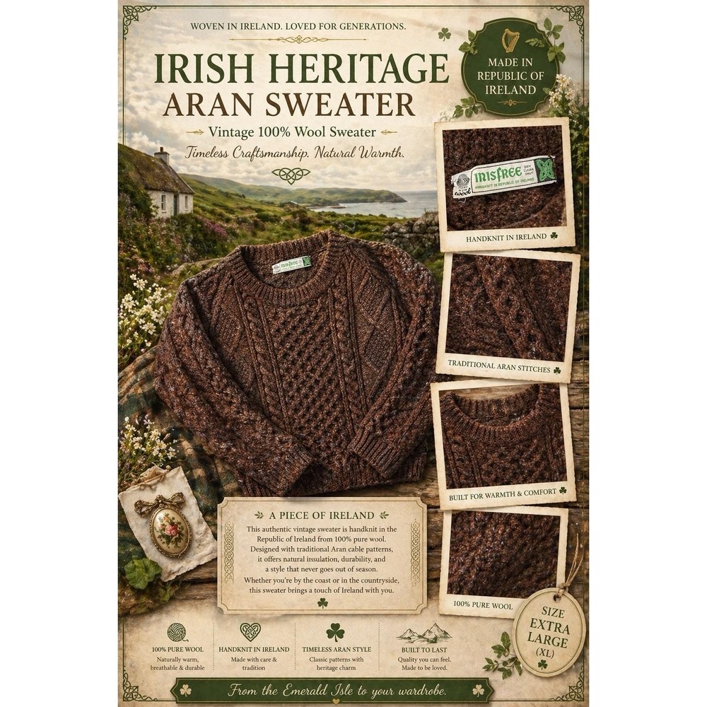 Ireland Fisherman's Wool Sweater Brown Xl Unisex Irish Inisfree Vintage Rare